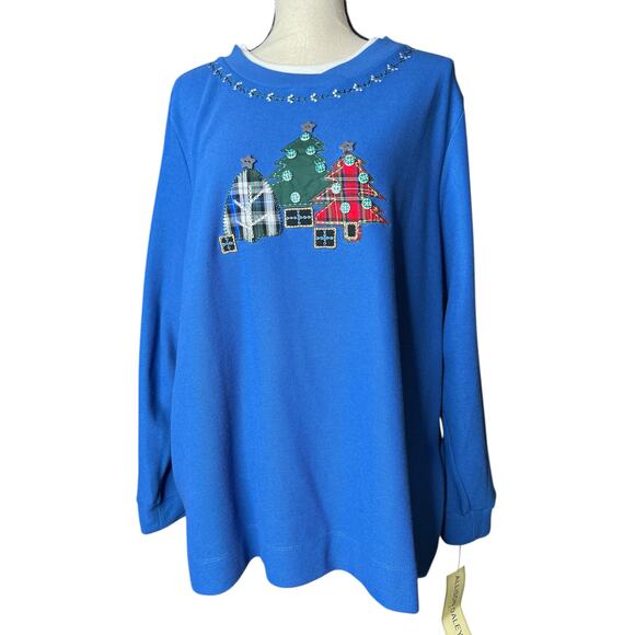 Allison Daley Women's Top in Blue with Christmas Trees and Buttons Size 3X - Picture 1 of 8